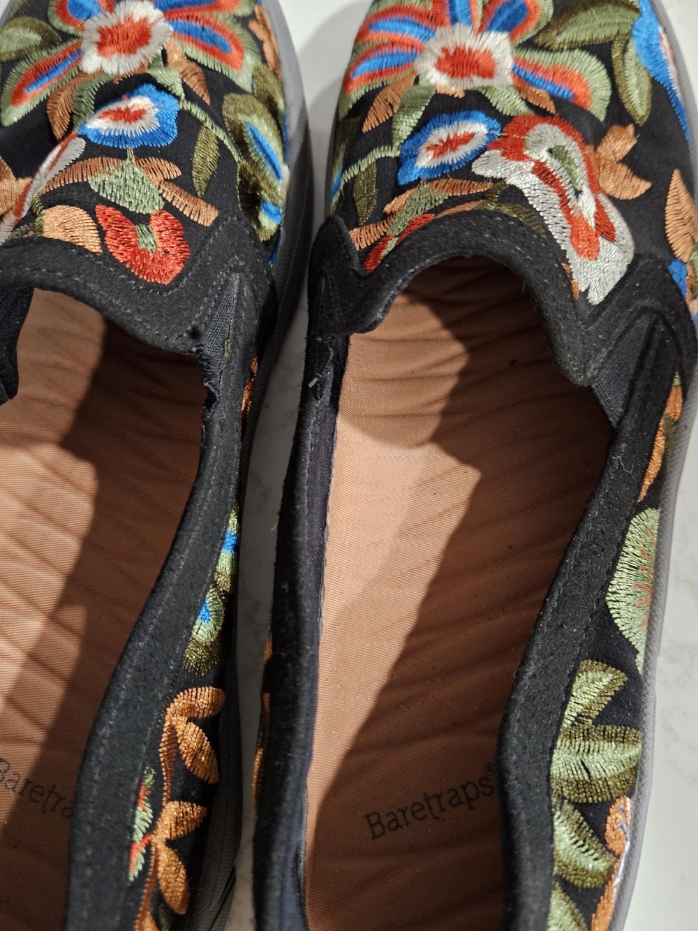 BareTraps Black Embroidered Floral Slip-Ons with Multi-Color Stitching
